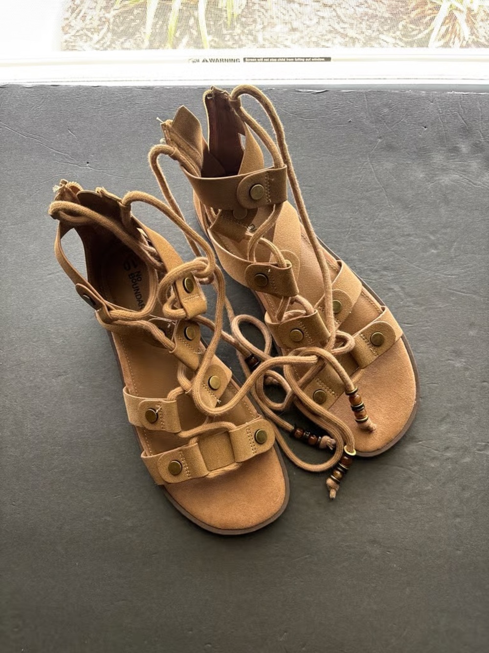 Time and Tru Tan Lace-Up Gladiator Sandals with Bead Accents